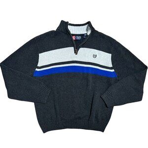 Chaps Gray, Blue & White Vintage Quarter Zip Sweater, Men's XL